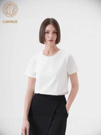 Canvaus Koreai stílusú fehér női rövid ujjú felső, kerek nyakú, nyár, alapréteg, egyszínű minimalistás