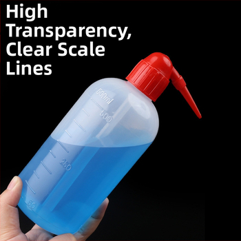 Személyre szabható műanyag laboratóriumi mosóflaska piros kupakkal, 250 ml és 1000 ml, görbült nyílás és hegyes vég, PE