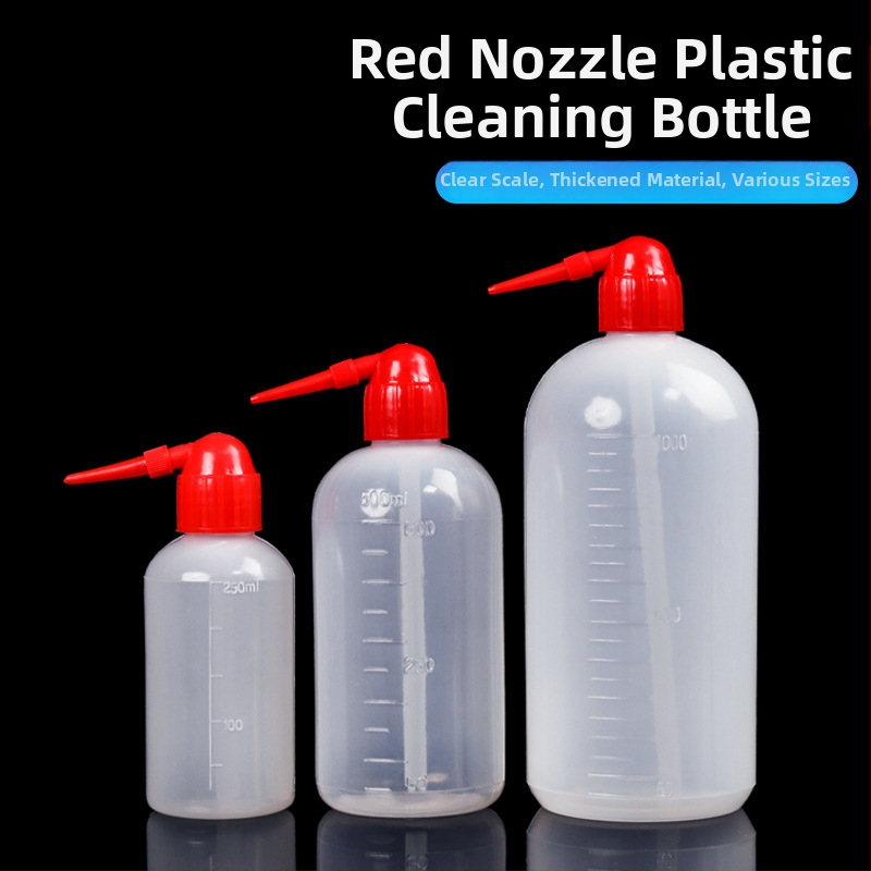 Személyre szabható műanyag laboratóriumi mosóflaska piros kupakkal, 250 ml és 1000 ml, görbült nyílás és hegyes vég, PE