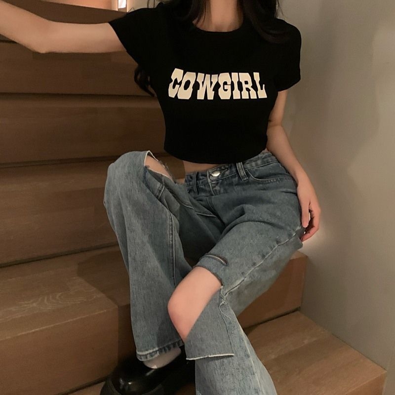 Női rövid ujjú póló amerikai retro stílusban, 2025 nyár, karcsúsított szabás, magas derék, crop top