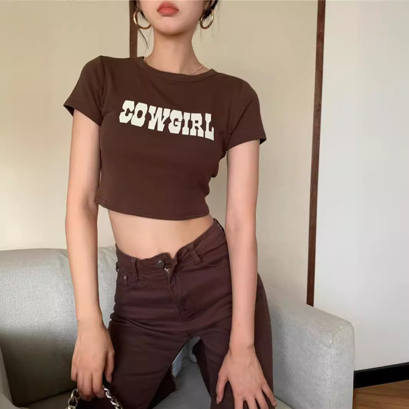 Női rövid ujjú póló amerikai retro stílusban, 2025 nyár, karcsúsított szabás, magas derék, crop top