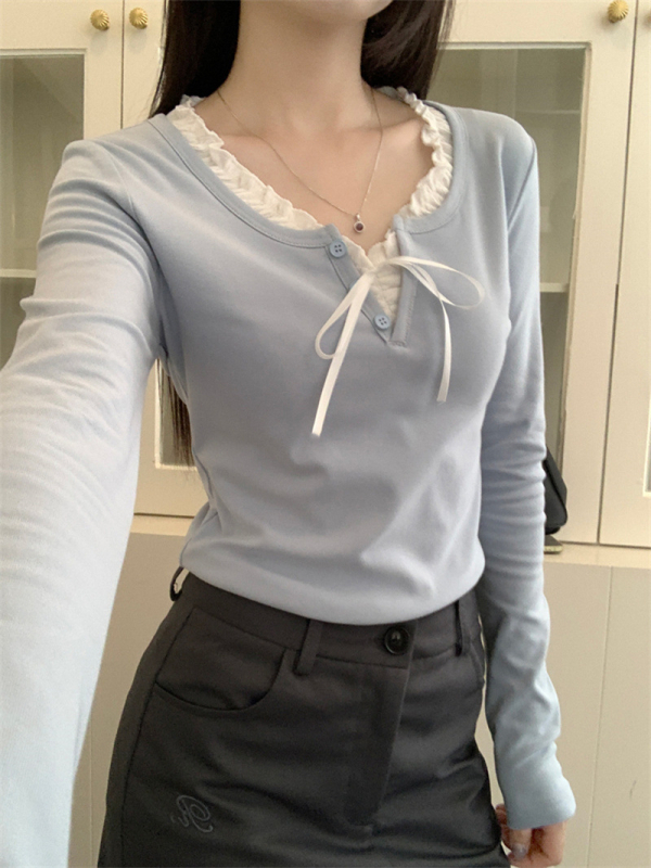 Női sötétkék kötött top három gombbal, amerikai retro stílus, karcsú szabás, cropped, hosszú ujjú rib knit felső, őszi-téli