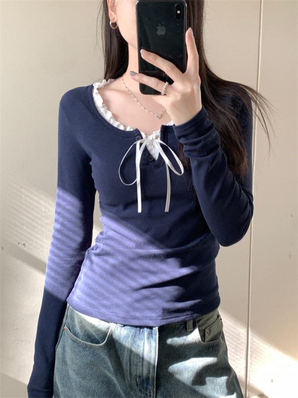 Női sötétkék kötött top három gombbal, amerikai retro stílus, karcsú szabás, cropped, hosszú ujjú rib knit felső, őszi-téli
