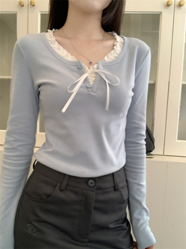 Női sötétkék kötött top három gombbal, amerikai retro stílus, karcsú szabás, cropped, hosszú ujjú rib knit felső, őszi-téli