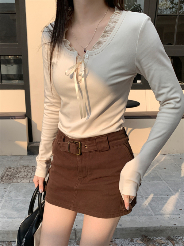 Női sötétkék kötött top három gombbal, amerikai retro stílus, karcsú szabás, cropped, hosszú ujjú rib knit felső, őszi-téli