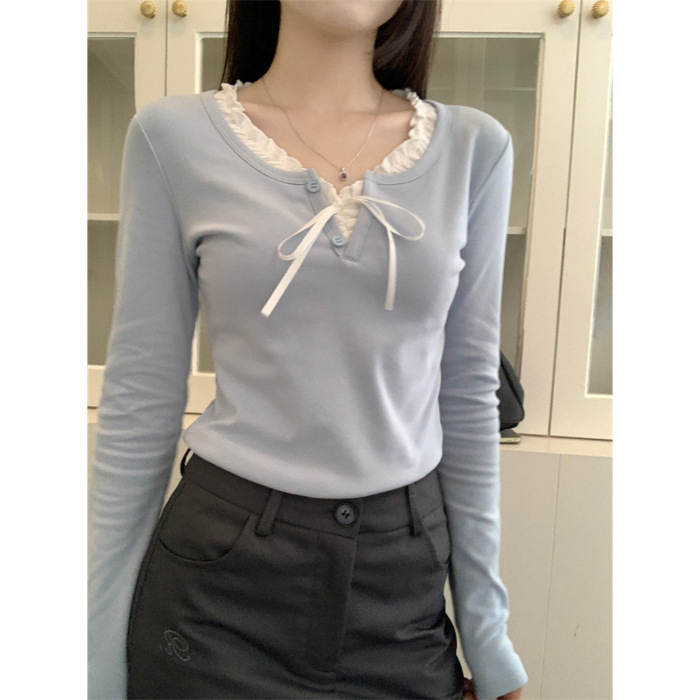 Női sötétkék kötött top három gombbal, amerikai retro stílus, karcsú szabás, cropped, hosszú ujjú rib knit felső, őszi-téli