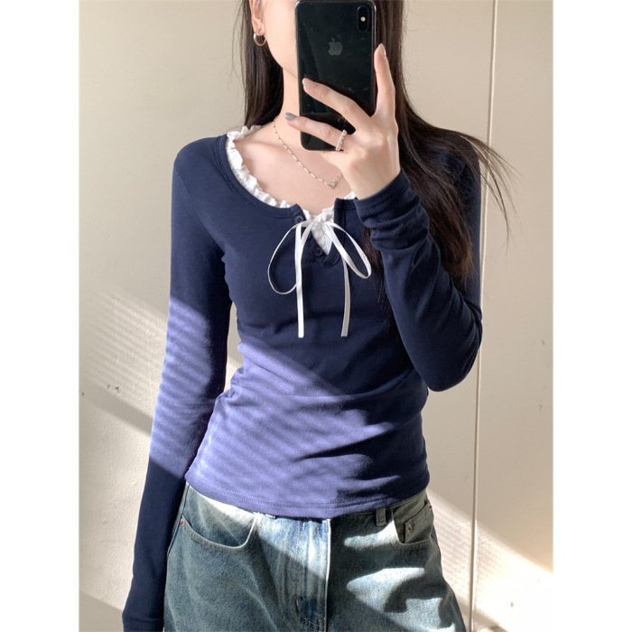 Női sötétkék kötött top három gombbal, amerikai retro stílus, karcsú szabás, cropped, hosszú ujjú rib knit felső, őszi-téli