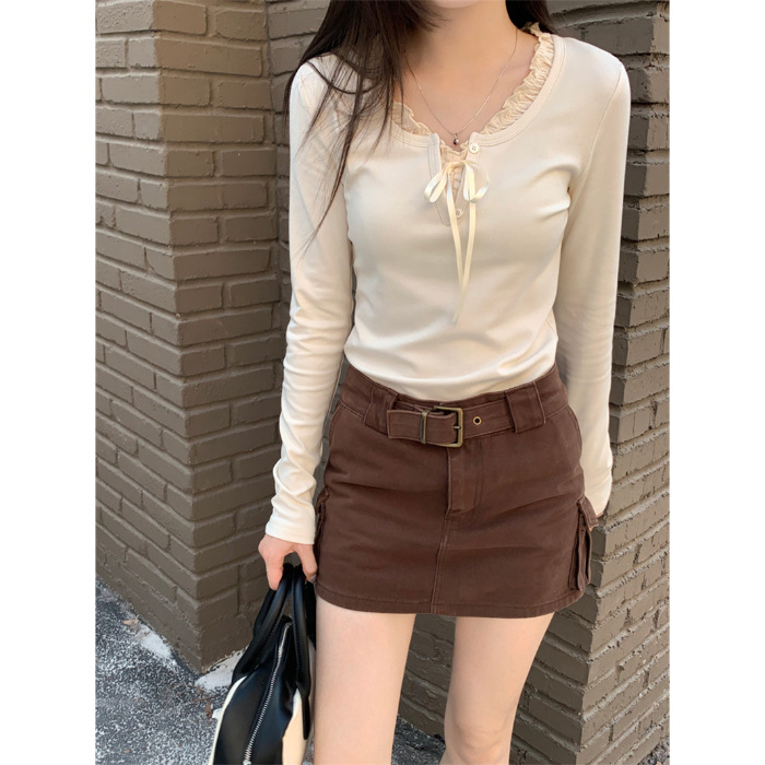 Női sötétkék kötött top három gombbal, amerikai retro stílus, karcsú szabás, cropped, hosszú ujjú rib knit felső, őszi-téli