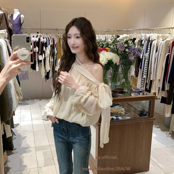 Μπλούζα chiffon με λοξές τιράντες στον ώμο, φθινοπωρινή, άνετη γραμμή, γαλλικού στυλ, μακριά μανίκια, για γυναίκες