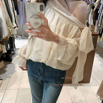 Μπλούζα chiffon με λοξές τιράντες στον ώμο, φθινοπωρινή, άνετη γραμμή, γαλλικού στυλ, μακριά μανίκια, για γυναίκες