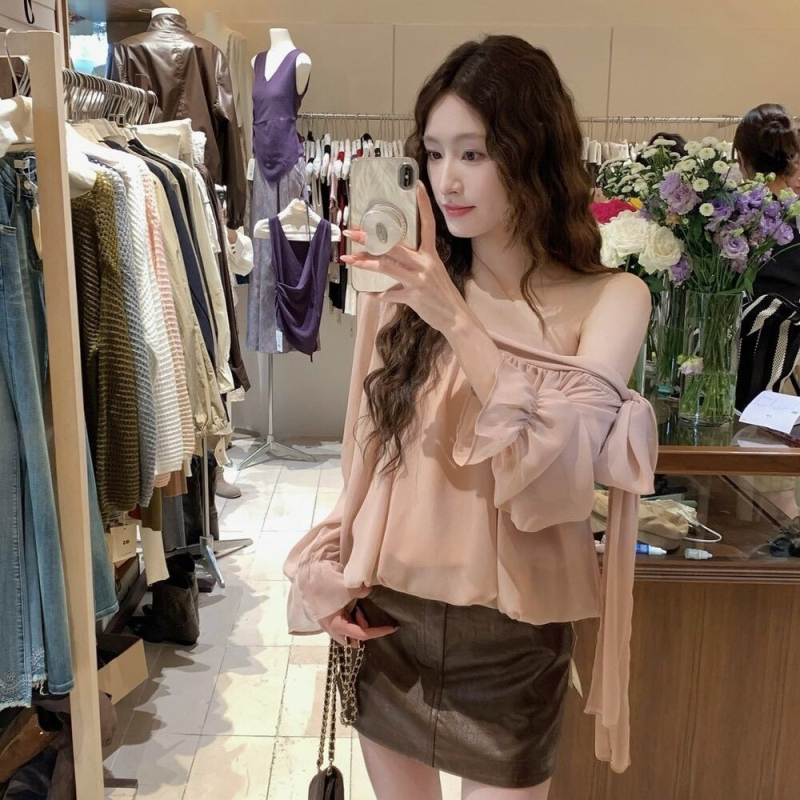 Μπλούζα chiffon με λοξές τιράντες στον ώμο, φθινοπωρινή, άνετη γραμμή, γαλλικού στυλ, μακριά μανίκια, για γυναίκες