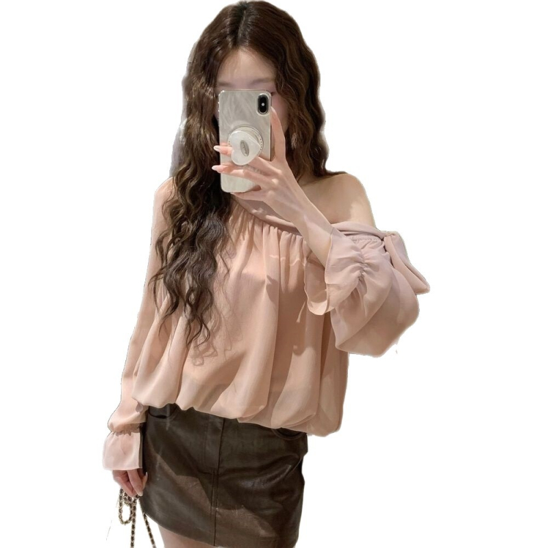 Μπλούζα chiffon με λοξές τιράντες στον ώμο, φθινοπωρινή, άνετη γραμμή, γαλλικού στυλ, μακριά μανίκια, για γυναίκες