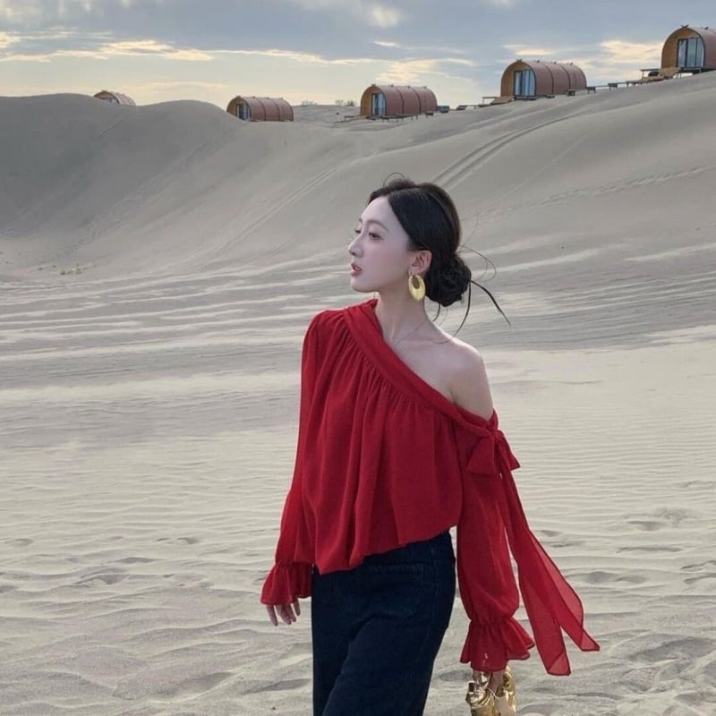 Μπλούζα chiffon με λοξές τιράντες στον ώμο, φθινοπωρινή, άνετη γραμμή, γαλλικού στυλ, μακριά μανίκια, για γυναίκες
