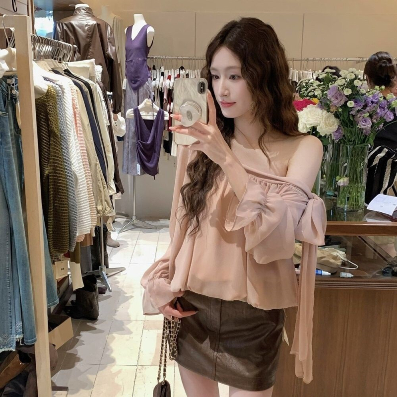 Μπλούζα chiffon με λοξές τιράντες στον ώμο, φθινοπωρινή, άνετη γραμμή, γαλλικού στυλ, μακριά μανίκια, για γυναίκες