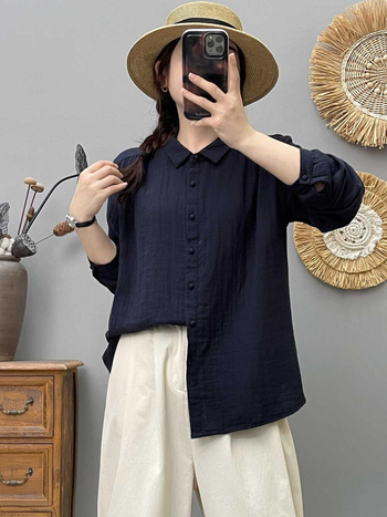 Női japán stílusú ing, 100% pamutból, kettőslayer pamut géz, hajtott gallér, hosszú ujjú, laza szabású, fehér