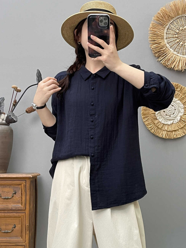 Női japán stílusú ing, 100% pamutból, kettőslayer pamut géz, hajtott gallér, hosszú ujjú, laza szabású, fehér