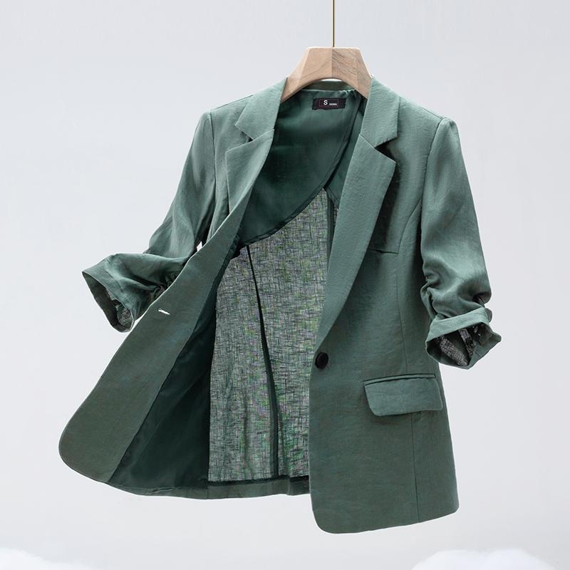 Női pamut- és lenanyagú blézer felső, könnyű nyári kabát, elegáns és kifinomult, 3/4-ujjú
