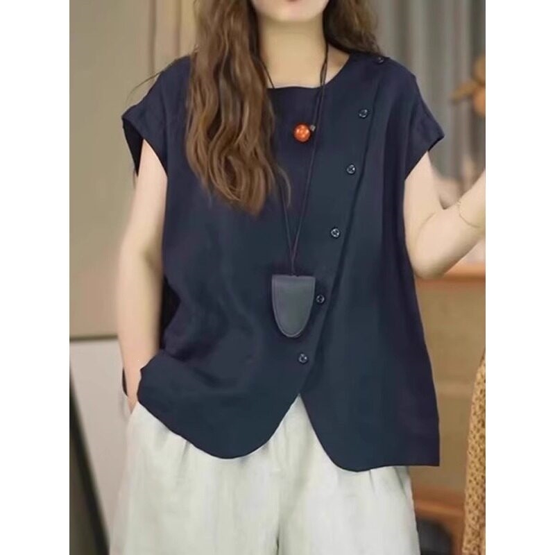 Női aszimmetrikus záródású len rövid ujjú ing, nyár, laza szabás, plusz méret, casual felső