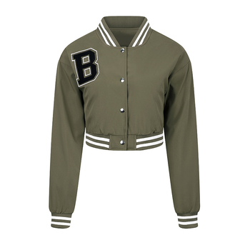 Jachetă baseball pentru femei, ușoară, guler înălțat, mâneci lungi, lungime scurtă, croi lejer, broderie, poliester, stil urban casual, mărime EU