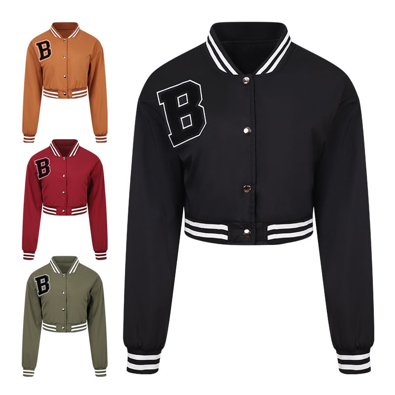 Jachetă baseball pentru femei, ușoară, guler înălțat, mâneci lungi, lungime scurtă, croi lejer, broderie, poliester, stil urban casual, mărime EU