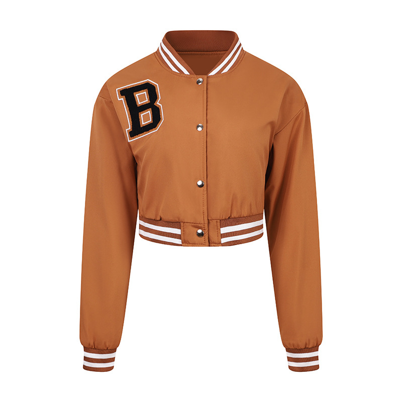 Jachetă baseball pentru femei, ușoară, guler înălțat, mâneci lungi, lungime scurtă, croi lejer, broderie, poliester, stil urban casual, mărime EU