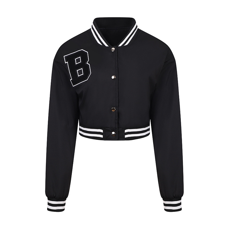 Jachetă baseball pentru femei, ușoară, guler înălțat, mâneci lungi, lungime scurtă, croi lejer, broderie, poliester, stil urban casual, mărime EU