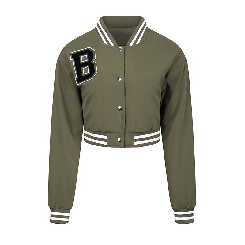 Jachetă baseball pentru femei, ușoară, guler înălțat, mâneci lungi, lungime scurtă, croi lejer, broderie, poliester, stil urban casual, mărime EU