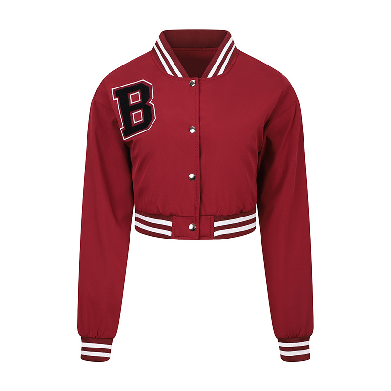 Jachetă baseball pentru femei, ușoară, guler înălțat, mâneci lungi, lungime scurtă, croi lejer, broderie, poliester, stil urban casual, mărime EU