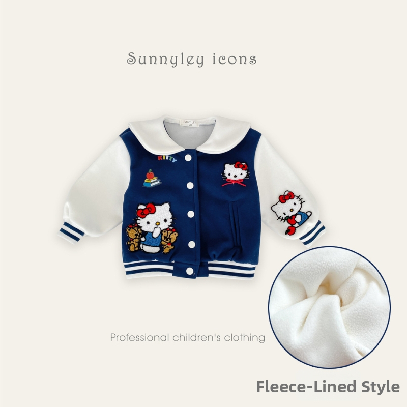 Jachetă baseball pentru fetițe, în stil coreean, cu rever, imprimeu cu desene animate, căptușită cu fleece, toamna 2025