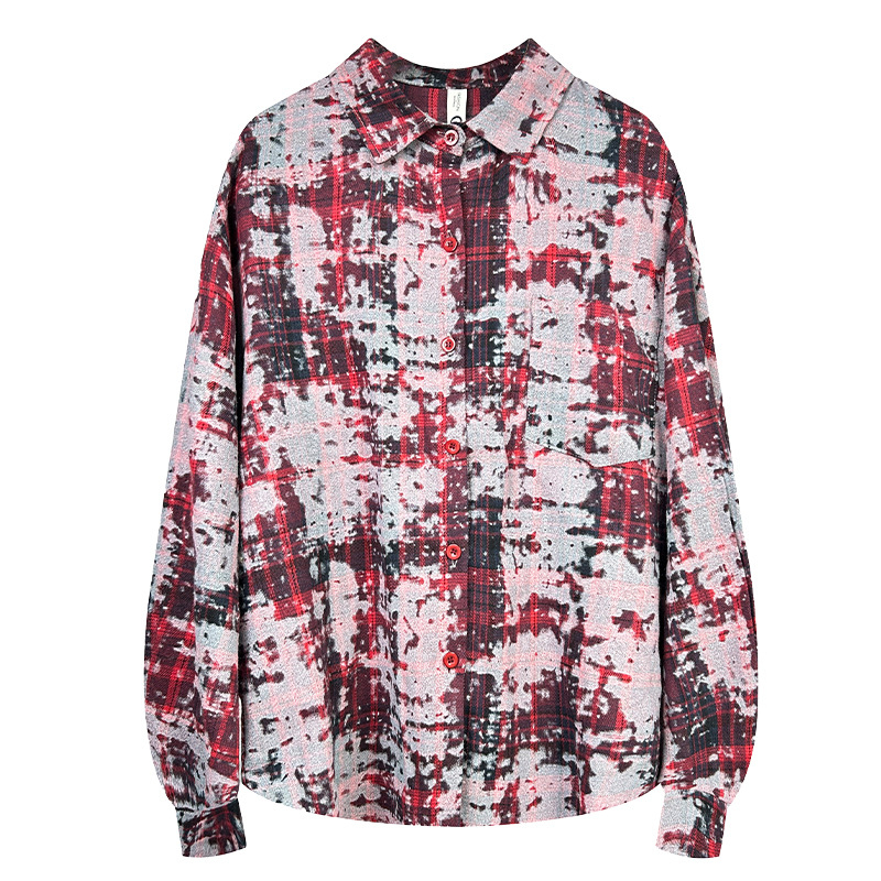 Női kockás hosszú ujjú ing, tie-dye hatású, laza szabás, mindennapi divat.
