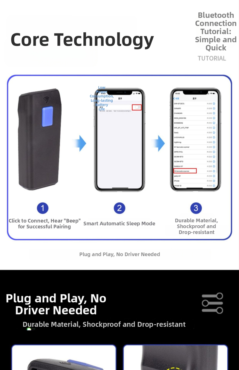 Mini prenosná bezdrôtová skenera čiarových kódov Bluetooth 1D pre sklad