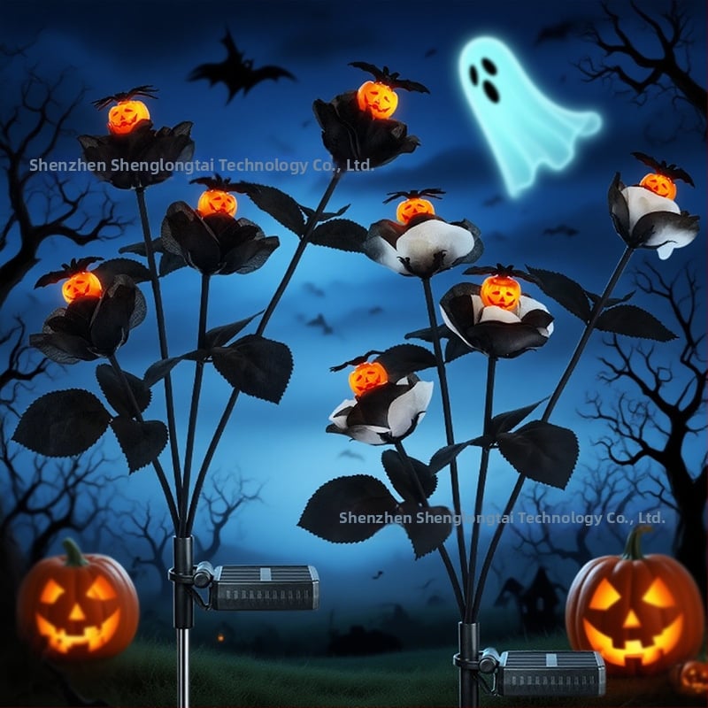Νέα LED ηλιακά διακοσμητικά φώτα Halloween με 4 φαναράκια κολοκύθας σε σκούρο ρόδο, IP65 αδιάβροχα, χωρίς καλώδια