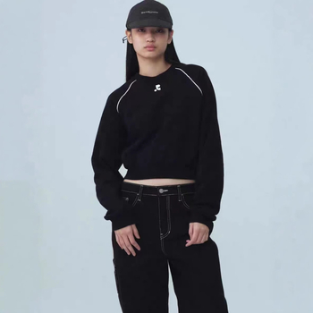 Női koreai stílusú cropped pamut pulóver raglán ujjakkal, kerek nyakú casual felső ősz-tél