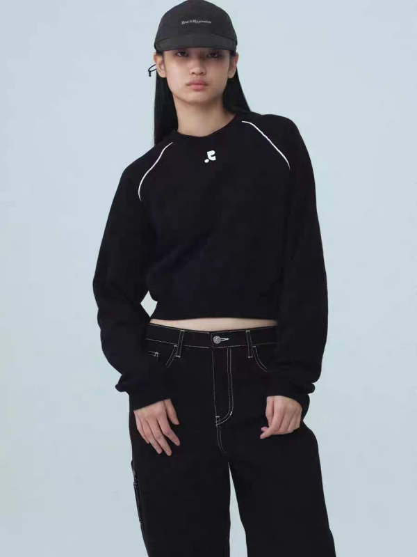 Női koreai stílusú cropped pamut pulóver raglán ujjakkal, kerek nyakú casual felső ősz-tél