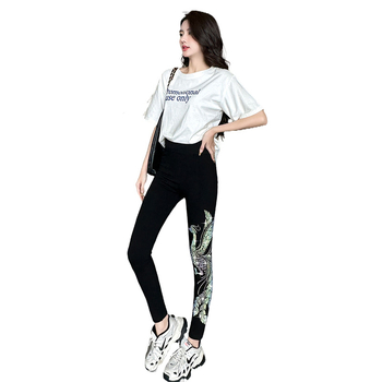 Colanți ușori din modal pentru femei, pentru primăvară, potriviți ca strat exterior, design cu dragon și fenix cu strass, lungime 3/4, croială slim.