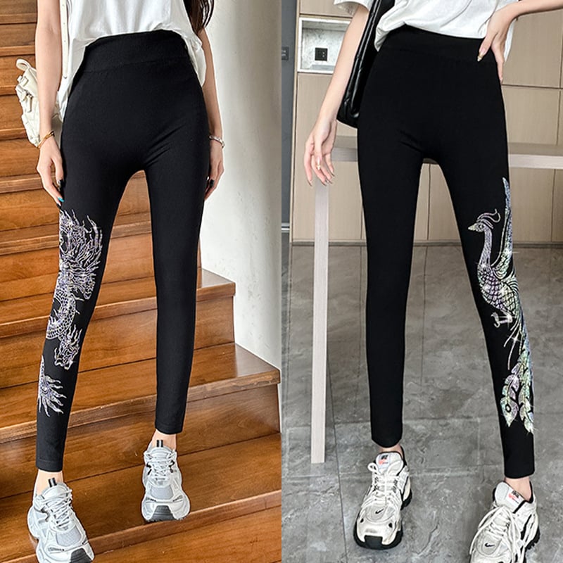 Colanți ușori din modal pentru femei, pentru primăvară, potriviți ca strat exterior, design cu dragon și fenix cu strass, lungime 3/4, croială slim.