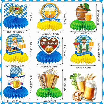 Sada dekorácií s medovými plástmi na Oktoberfest v Mníchove s bannerom, ozdobou na tortu a 3D papierovými vejármi na stôl