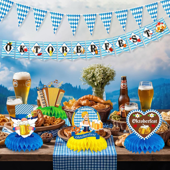 Sada dekorácií s medovými plástmi na Oktoberfest v Mníchove s bannerom, ozdobou na tortu a 3D papierovými vejármi na stôl