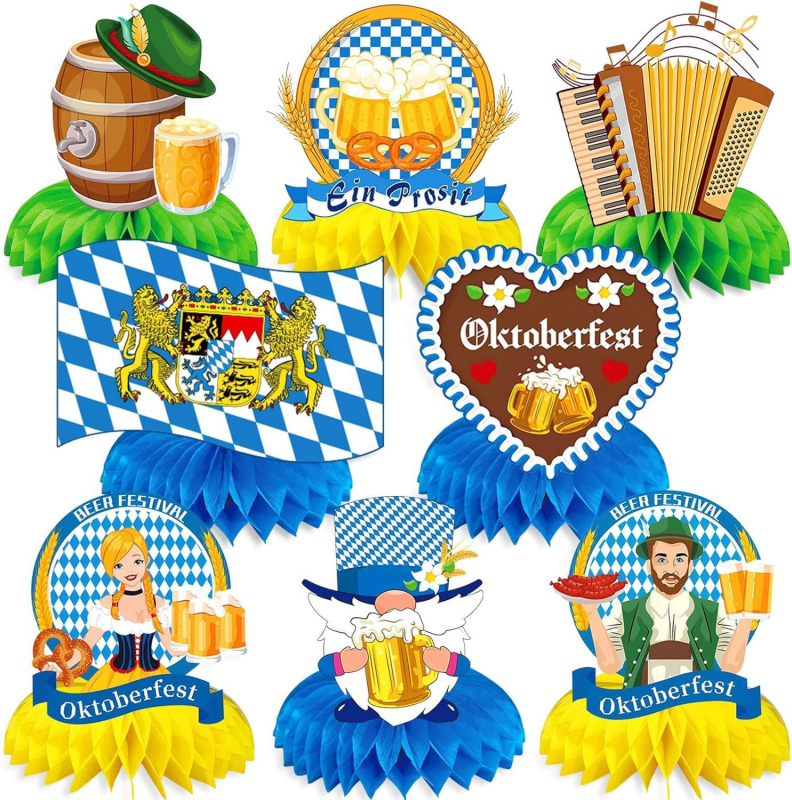 Sada dekorácií s medovými plástmi na Oktoberfest v Mníchove s bannerom, ozdobou na tortu a 3D papierovými vejármi na stôl