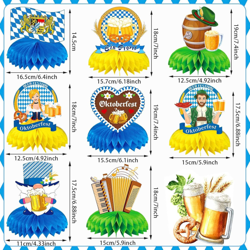 Sada dekorácií s medovými plástmi na Oktoberfest v Mníchove s bannerom, ozdobou na tortu a 3D papierovými vejármi na stôl