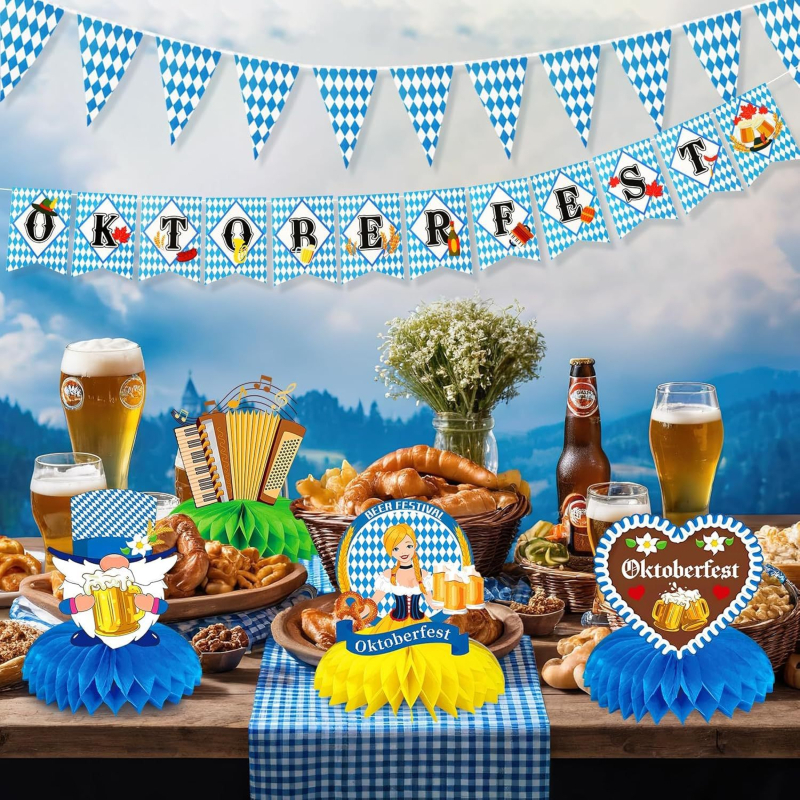 Sada dekorácií s medovými plástmi na Oktoberfest v Mníchove s bannerom, ozdobou na tortu a 3D papierovými vejármi na stôl