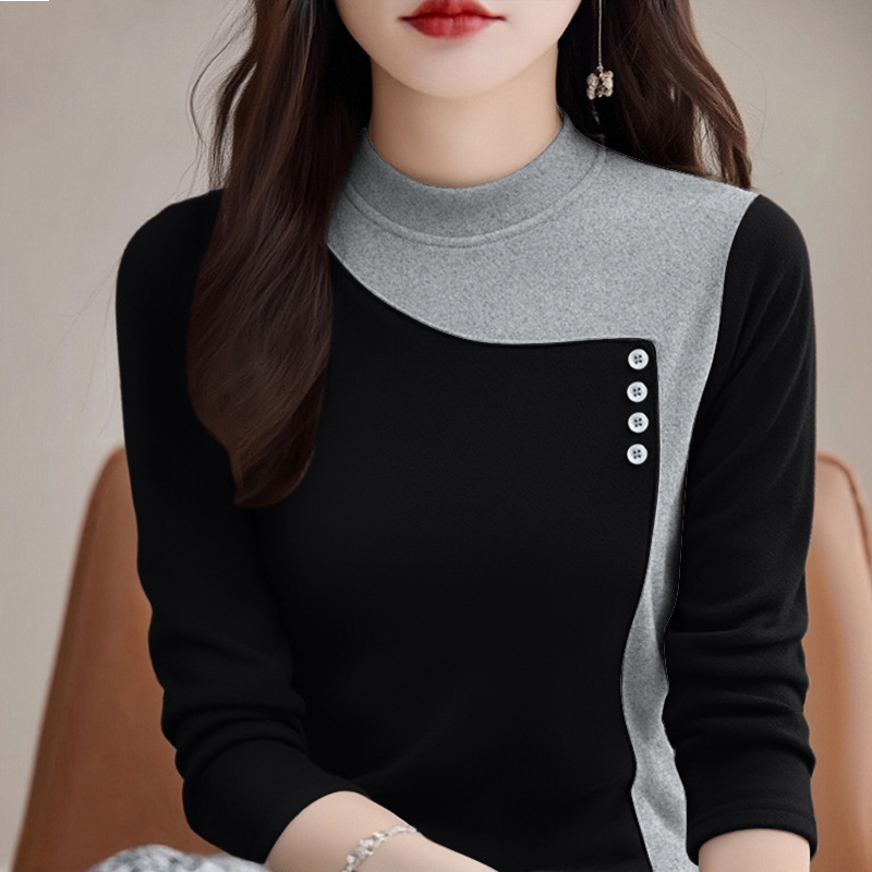 M-5XL Őszi-téli női hosszú ujjú alapfelső, kétoldalas velúr, félmagas gallér
