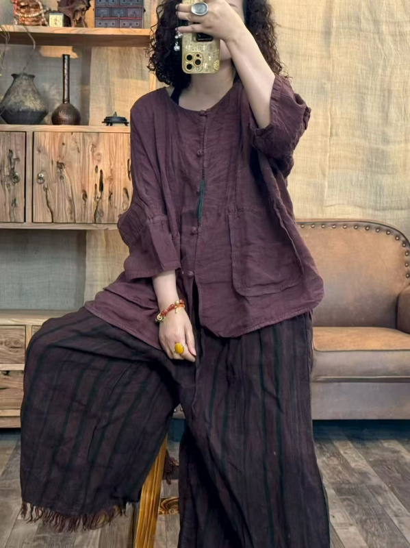 2026 nyár – rövid lenvászon ing cardigan, laza felső művészi retro japán stílusban