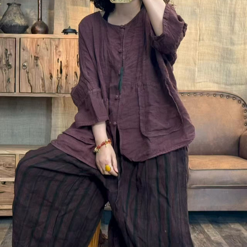 2026 nyár – rövid lenvászon ing cardigan, laza felső művészi retro japán stílusban