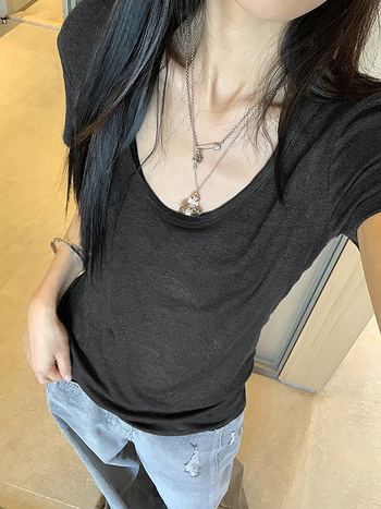 Fehér női U-nyakú rövid ujjú T-shirt, slim fit, nyári alapfelső