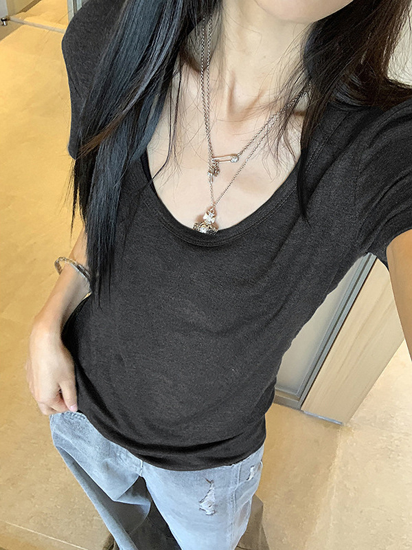 Fehér női U-nyakú rövid ujjú T-shirt, slim fit, nyári alapfelső