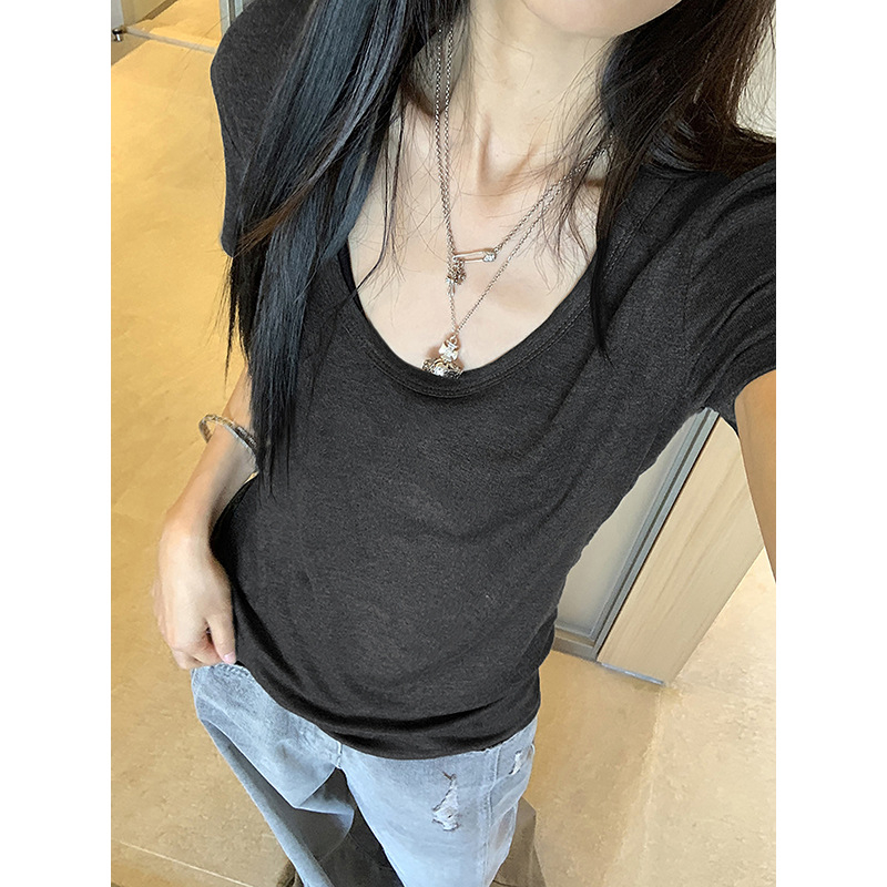Fehér női U-nyakú rövid ujjú T-shirt, slim fit, nyári alapfelső