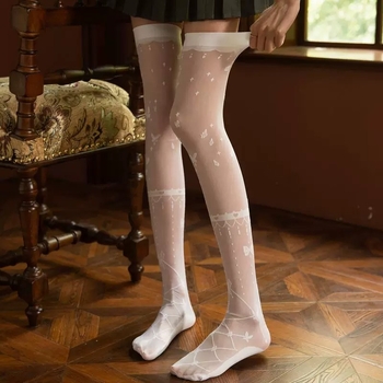 Lolita női térd fölé érő zokni, japán stílusú masnival, balett jacquard, fehér, nőknek