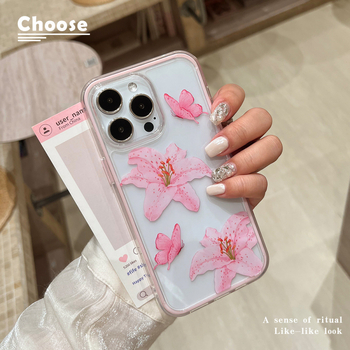 Δύο-σε-ένα διαφανές ακρυλικό θήκη για iPhone 15–17 με σχέδιο πεταλούδα και ροζ λουλούδι