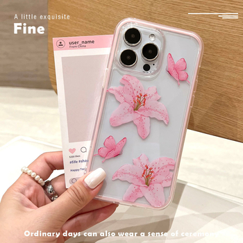 Δύο-σε-ένα διαφανές ακρυλικό θήκη για iPhone 15–17 με σχέδιο πεταλούδα και ροζ λουλούδι